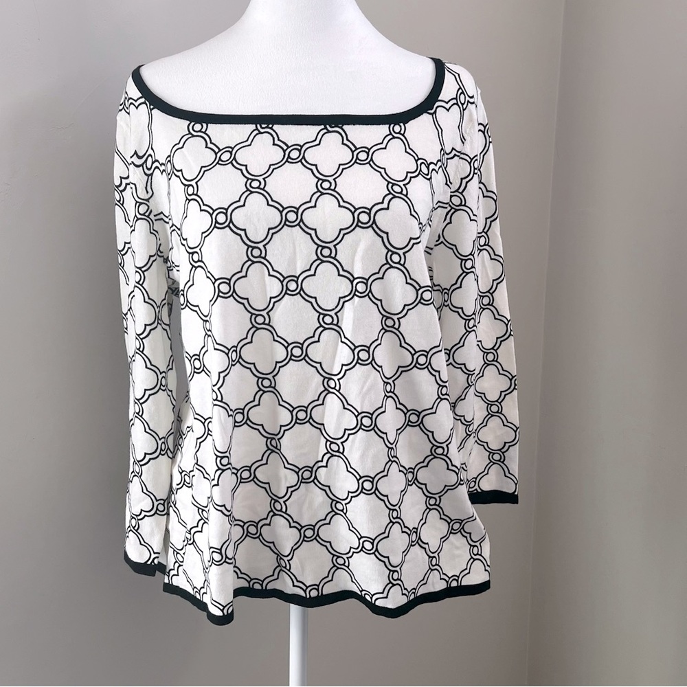 Talbots NWT white black geo 3/4 tipped button cuff sweater size L